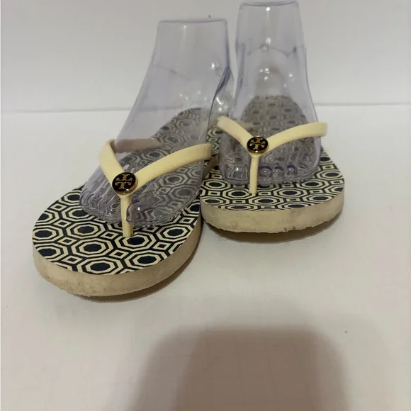 Tory Burch Hexagon Pattern Flip Flops - Black and Cream - Picture 2 of 8